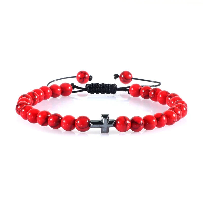 Natural Stone Bead Cross Bracelet - 6mm Braided Christian Prayer Jewelry with Jesus Charm for Men & Women