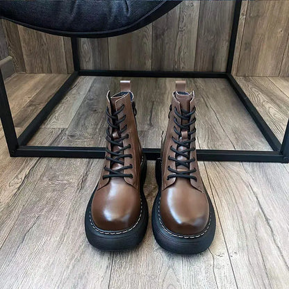 BeauToday Women’s Leather Ankle Boots - Platform Cow Leather Shoes with Side Zipper, Lace-Up Detail & Handmade Finish