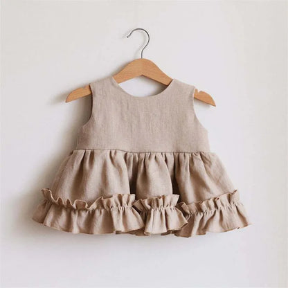 Baby Girls Cotton Linen Tutu Dress - 3 Layer Summer Ruffle Lace Strap Breathable Cake Dress Outfit