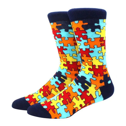 Men’s Funny Argyle Diamond Pattern Cotton Socks – Large Size 3D Geometric Crew Tube Socks, Combed Cotton Casual Novelty Socks