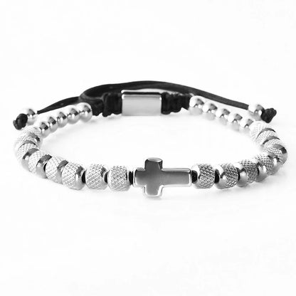 Cross Charm Beaded Bracelet - Stainless Steel Handmade Prayer Chain Jewelry Gift for Men & Women