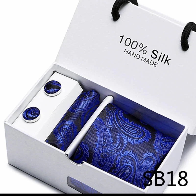 100% Silk Tie Gift Set - Classic Striped Wedding Necktie with Handkerchief for Men