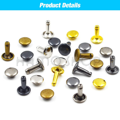 100Set Metal Double Cap Rivets - 5-15mm Round Stud Nails for Leathercraft, Shoes, Bags, Belts, Clothing & DIY Repairs