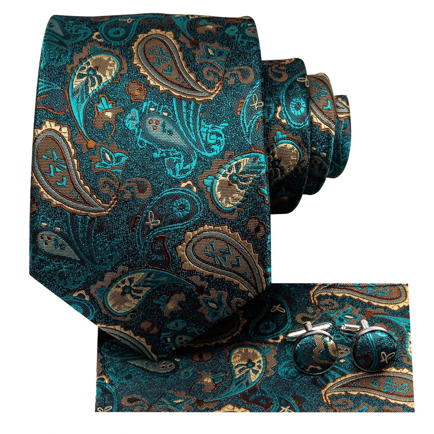 Hi-Tie Luxury Paisley Teal Green Tie Set - Men’s Classic Necktie with Handkerchief & Cufflinks Gift Box for Wedding & Formal Wear