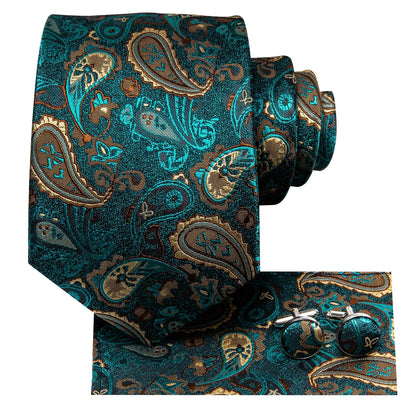 Hi-Tie Luxury Paisley Teal Green Tie Set - Men’s Classic Necktie with Handkerchief & Cufflinks Gift Box for Wedding & Formal Wear