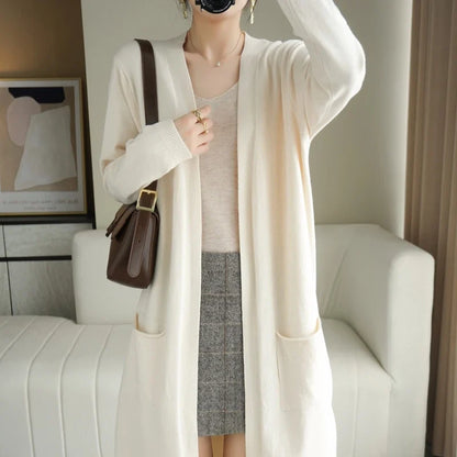 YSC Women’s Knitted Cashmere Wool Blend Cardigan – V-Neck, Long Buttonless Style with Pocket Trim