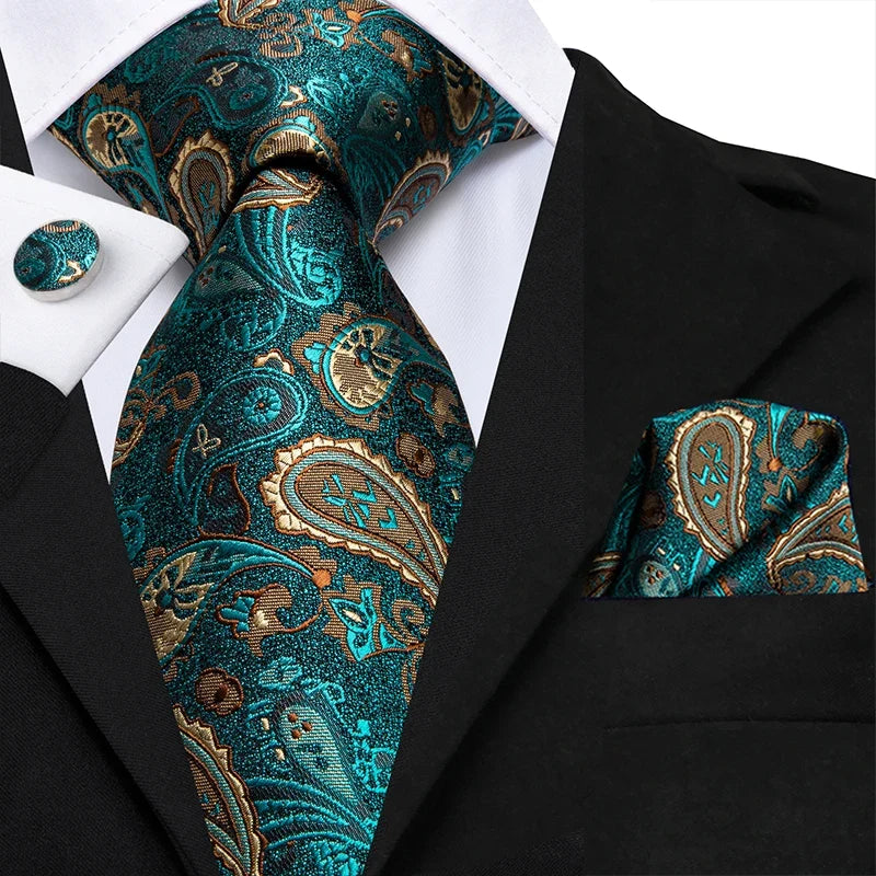 Hi-Tie Luxury Paisley Teal Green Tie Set - Men’s Classic Necktie with Handkerchief & Cufflinks Gift Box for Wedding & Formal Wear