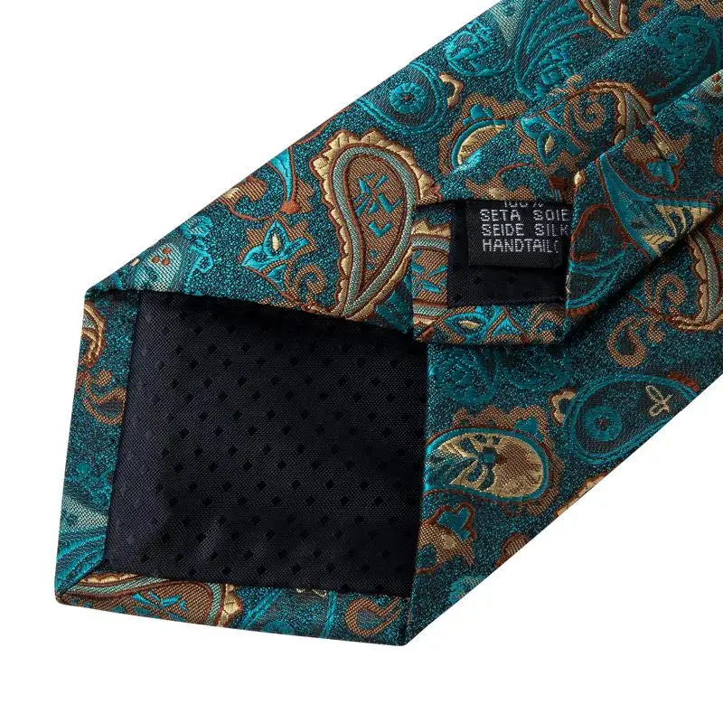 Hi-Tie Luxury Paisley Teal Green Tie Set - Men’s Classic Necktie with Handkerchief & Cufflinks Gift Box for Wedding & Formal Wear