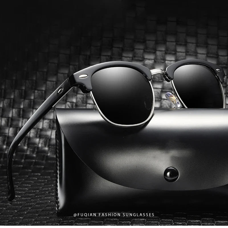 Classic Half Frame Polarized Sunglasses – Retro Rivet Design for Men & Women, Anti-Glare Black Travelling Shades