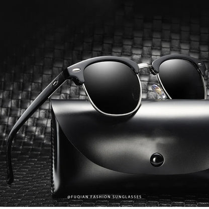 Classic Half Frame Polarized Sunglasses – Retro Rivet Design for Men & Women, Anti-Glare Black Travelling Shades