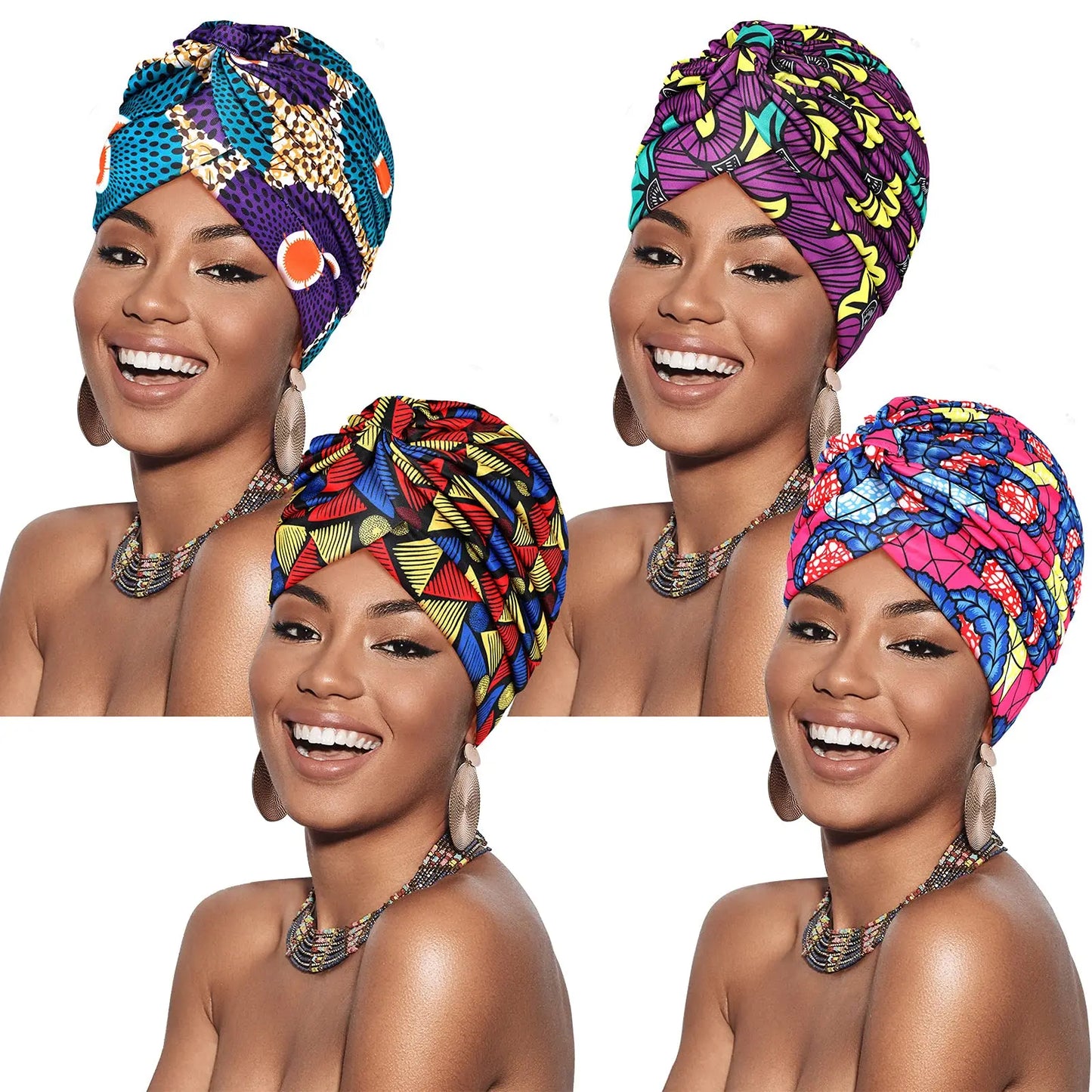African Print Turban Head Wrap - Soft Stretch Twisted Pleated Beanie Bonnet for Women, Headtie & Chemo Cap
