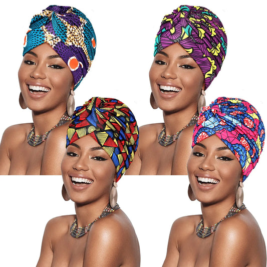 African Print Turban Head Wrap - Soft Stretch Twisted Pleated Beanie Bonnet for Women, Headtie & Chemo Cap