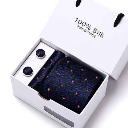 100% Silk Tie Gift Set - Classic Striped Wedding Necktie with Handkerchief for Men