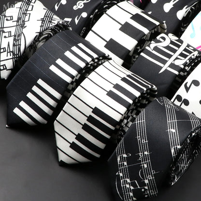 Musical Notes Slim Necktie - Silky Piano & Guitar Print Tie for Men & Women, Elegant Fashion Gift