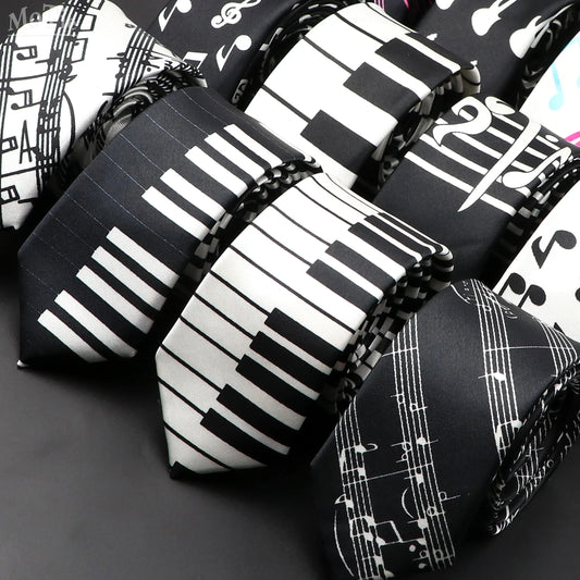 Musical Notes Slim Necktie - Silky Piano & Guitar Print Tie for Men & Women, Elegant Fashion Gift