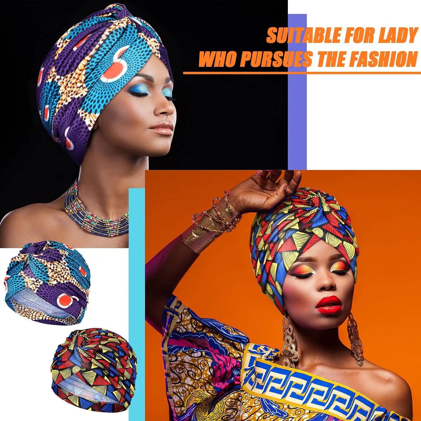 African Print Turban Head Wrap - Soft Stretch Twisted Pleated Beanie Bonnet for Women, Headtie & Chemo Cap