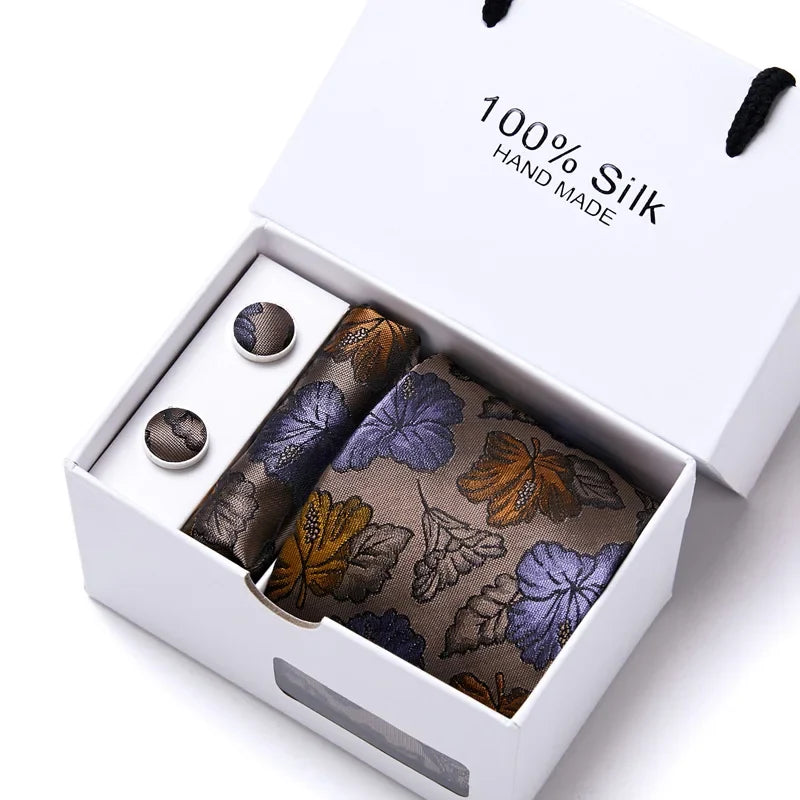 100% Silk Tie Gift Set - Classic Striped Wedding Necktie with Handkerchief for Men