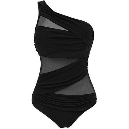 Plus Size One Shoulder Swimsuit - Women's Mesh Push Up Padded Slim Fit Solid Color Bathing Suit