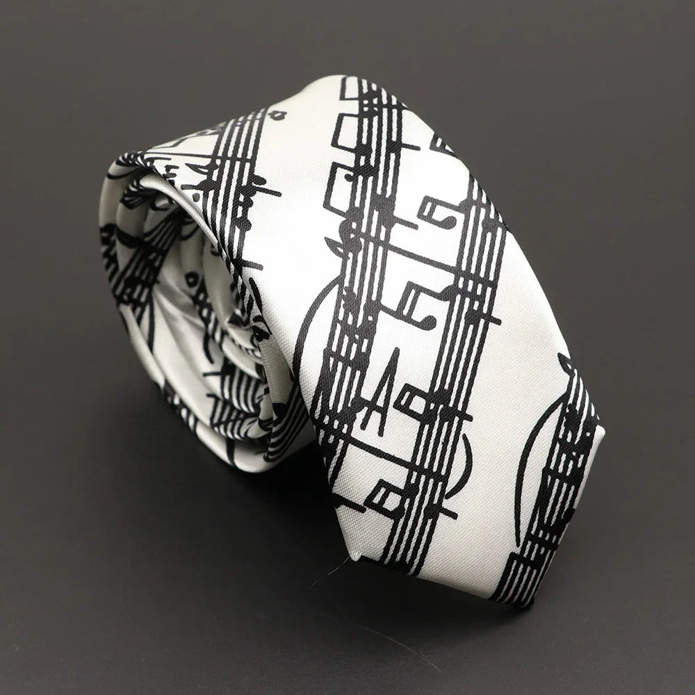 Musical Notes Slim Necktie - Silky Piano & Guitar Print Tie for Men & Women, Elegant Fashion Gift