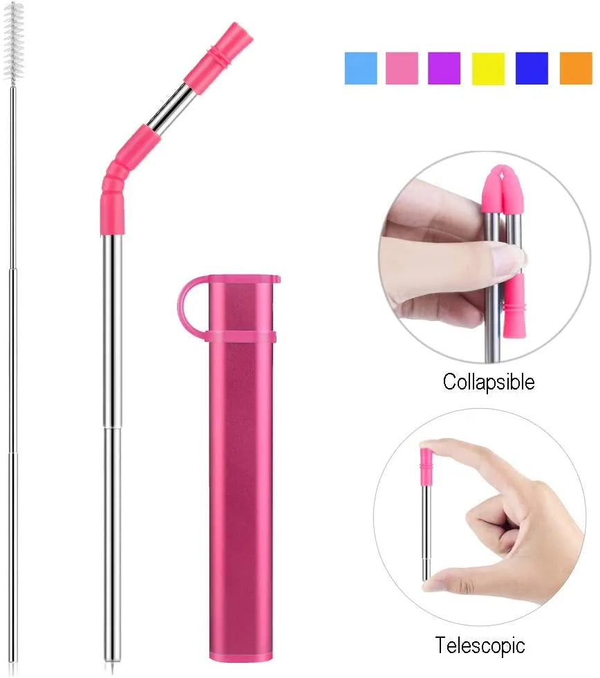 Reusable Collapsible Stainless Steel Straw Kit - Portable Straw with Case, Tip, and Cleaning Brush for Travel, Parties, and Home Use