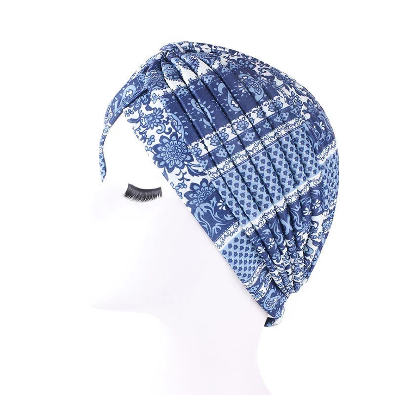 African Print Turban Head Wrap - Soft Stretch Twisted Pleated Beanie Bonnet for Women, Headtie & Chemo Cap