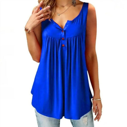 Women’s Loose U Neck Tank Top - Sleeveless Pleated Button Camisole Summer Vest