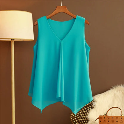 Women's Chiffon V Neck Blouse - Loose Sleeveless Plus Size Fashion Top M-5XL
