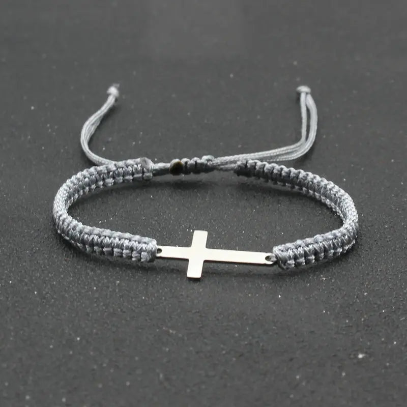 Stainless Steel Cross Charm Bracelet - Handmade Adjustable Braided Rope Chain Couple Jewelry for Women & Men