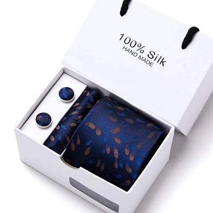 100% Silk Tie Gift Set - Classic Striped Wedding Necktie with Handkerchief for Men
