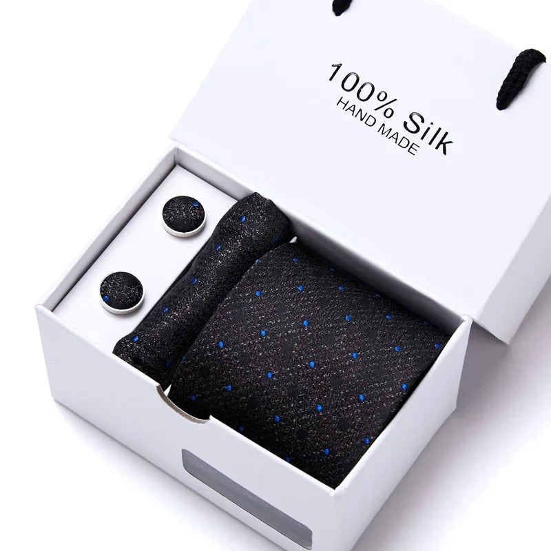 100% Silk Tie Gift Set - Classic Striped Wedding Necktie with Handkerchief for Men