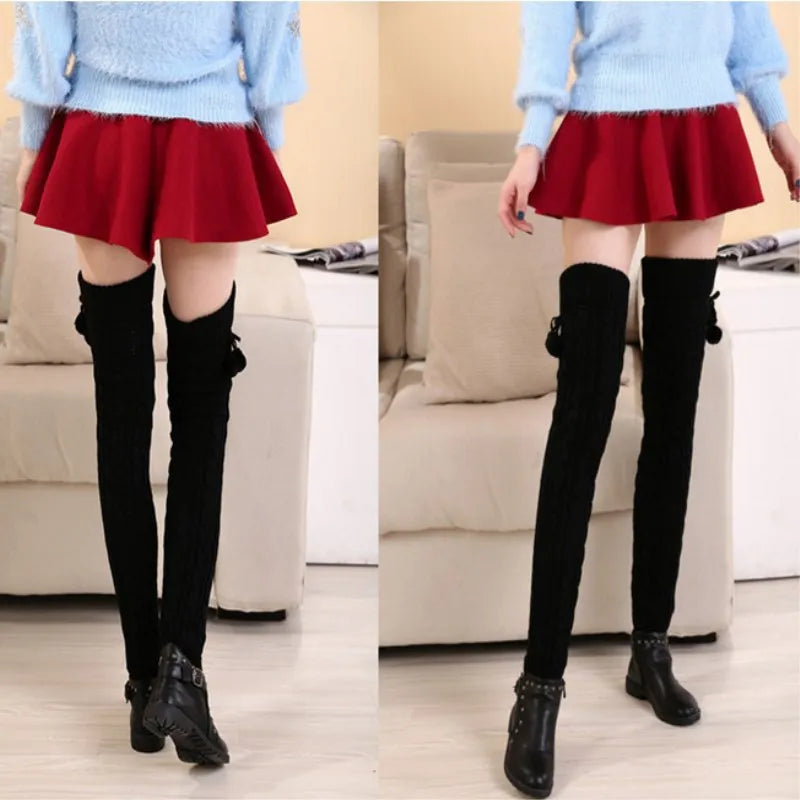 Women’s Winter Knitted Leg Warmers - Cozy Crochet Boot Socks with Hairball Fashion Style