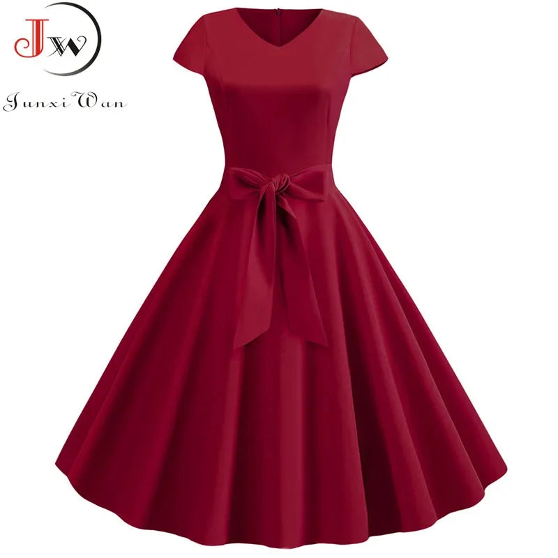 Women Vintage Summer Dress - V Neck Short Sleeve Swing Party Dress With Belt