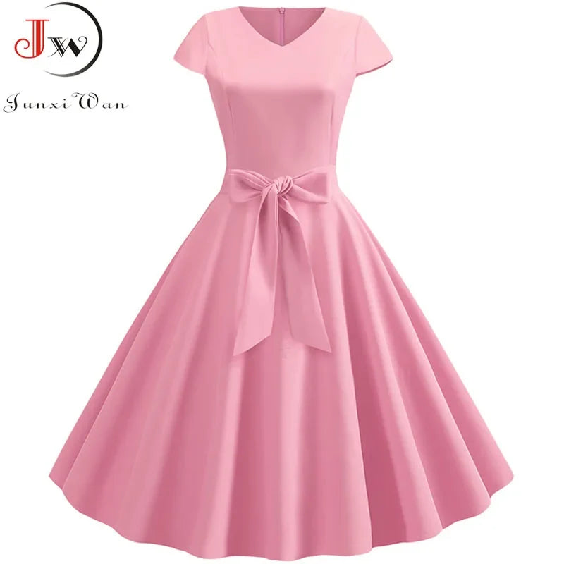Women Vintage Summer Dress - V Neck Short Sleeve Swing Party Dress With Belt