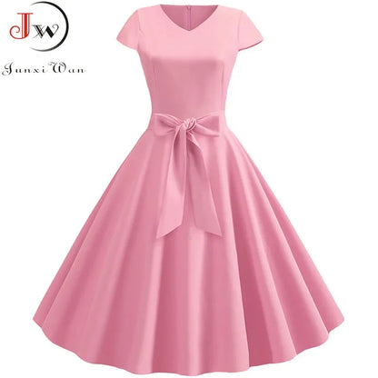 Women Vintage Summer Dress - V Neck Short Sleeve Swing Party Dress With Belt