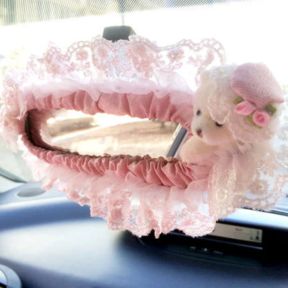 Pink Car Interior Accessories Set - Lace Steering Wheel Seat Belt Gear Shift And Mirror Covers For Women