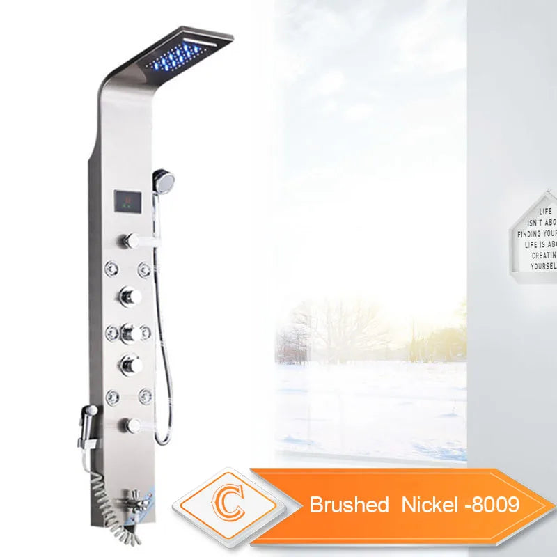 LED Waterfall Shower Panel System - Black In-Wall Rain Shower with Spa Massage Sprayer & Bidet Tap