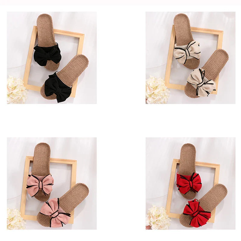 Mntrerm 2024 Women's Casual Linen Slippers – Soft Indoor Flats with Bow-Knot, Cute Summer Home Sneakers