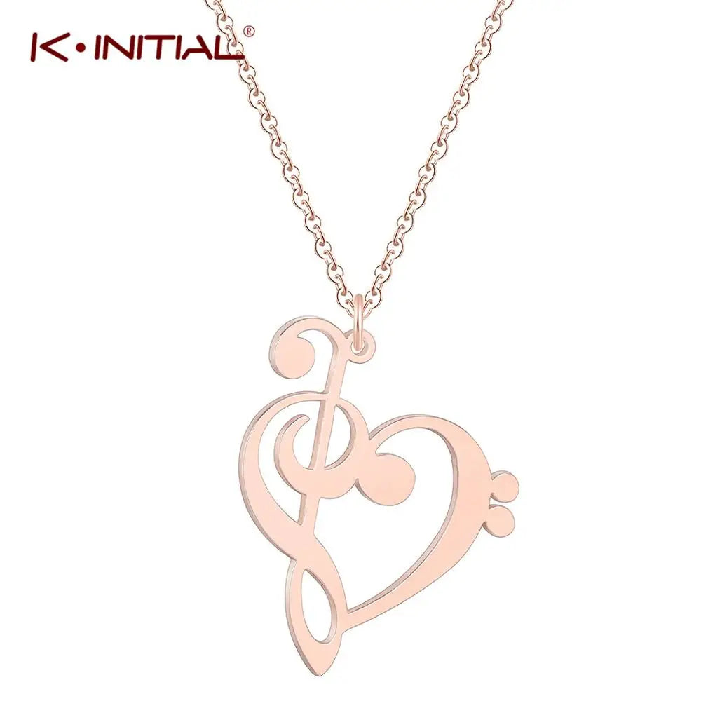 Kinitial Music Note Heart Necklace - Treble & Bass Clef Pendant Jewelry Gift for Music Lovers and Teachers
