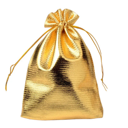 25-Piece Gold Foil Drawstring Storage Bags - Jewelry Packing Pouches for Wedding Gifts, Available in 7x9cm, 9x12cm, and 10x15cm