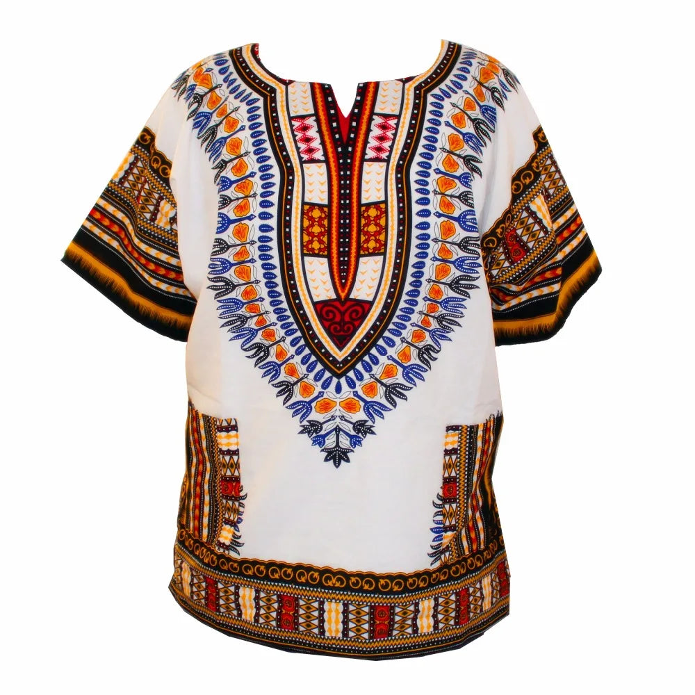 African Dashiki Cotton T-Shirt - Traditional Printed Unisex Fashion Top with Vibrant Ethnic Style Design