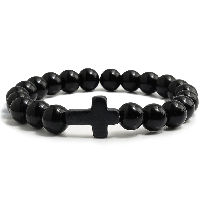 Natural Stone Cross Bracelet - Black Lava Matte Beaded Jewelry for Men & Women Prayer, Fitness & Gift