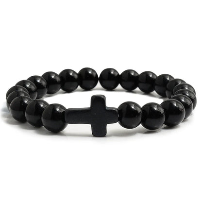 Natural Stone Cross Bracelet - Black Lava Matte Beaded Jewelry for Men & Women Prayer, Fitness & Gift