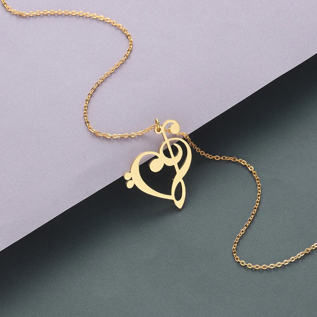 Kinitial Music Note Heart Necklace - Treble & Bass Clef Pendant Jewelry Gift for Music Lovers and Teachers