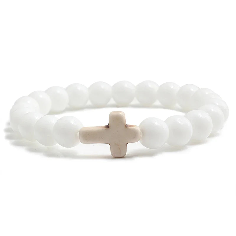 Natural Stone Cross Bracelet - Black Lava Matte Beaded Jewelry for Men & Women Prayer, Fitness & Gift