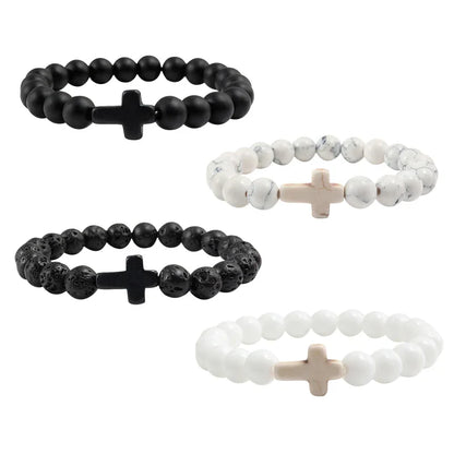 Natural Stone Cross Bracelet - Black Lava Matte Beaded Jewelry for Men & Women Prayer, Fitness & Gift