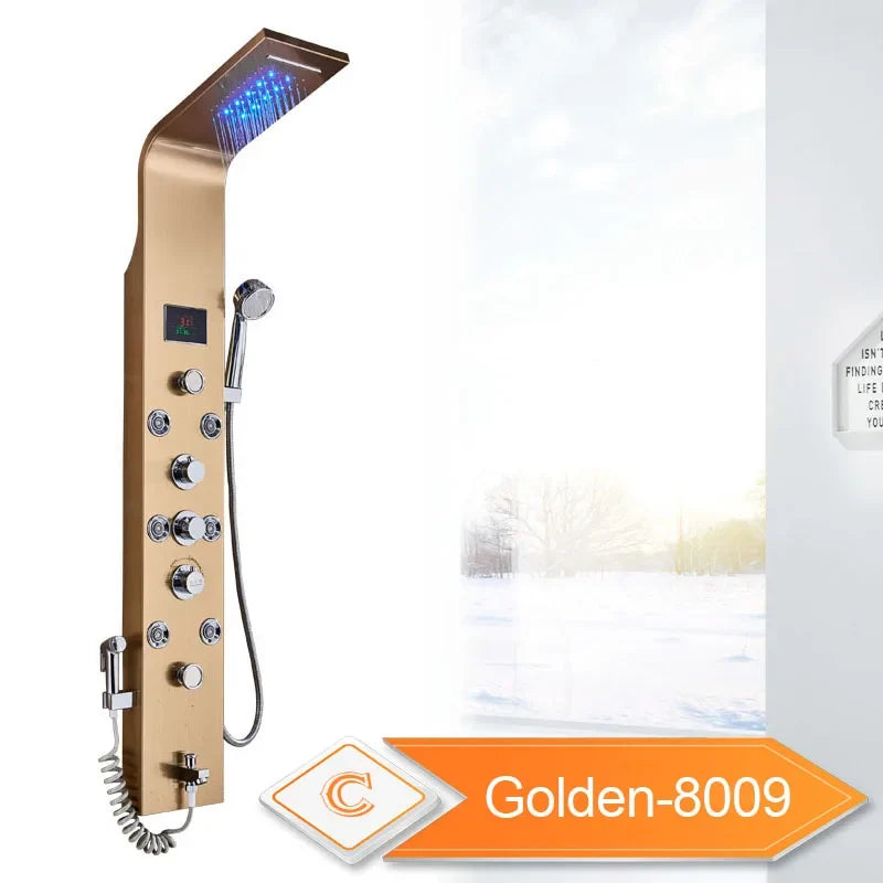 LED Waterfall Shower Panel System - Black In-Wall Rain Shower with Spa Massage Sprayer & Bidet Tap