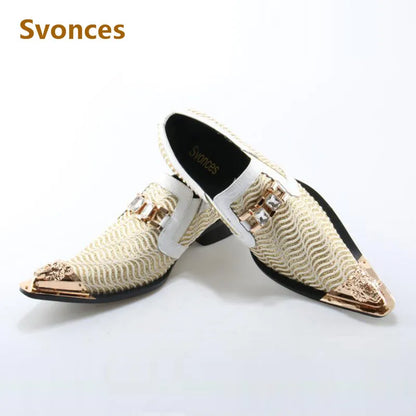 Men’s Designer Pointed Toe Dress Shoes - Crystal Patchwork Metal Toe Wedding & Party Shoes