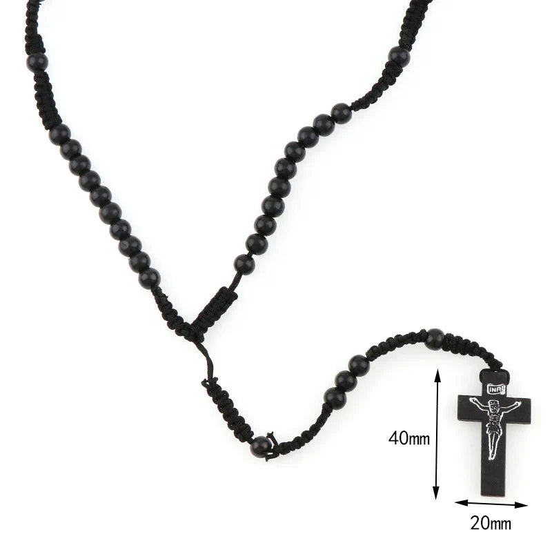8mm Wooden Rosary Beads Necklace – Catholic Orthodox Cross Pendant, Woven Rope Prayer Chain for Men, Spiritual Gift (Black/Brown/Khaki)