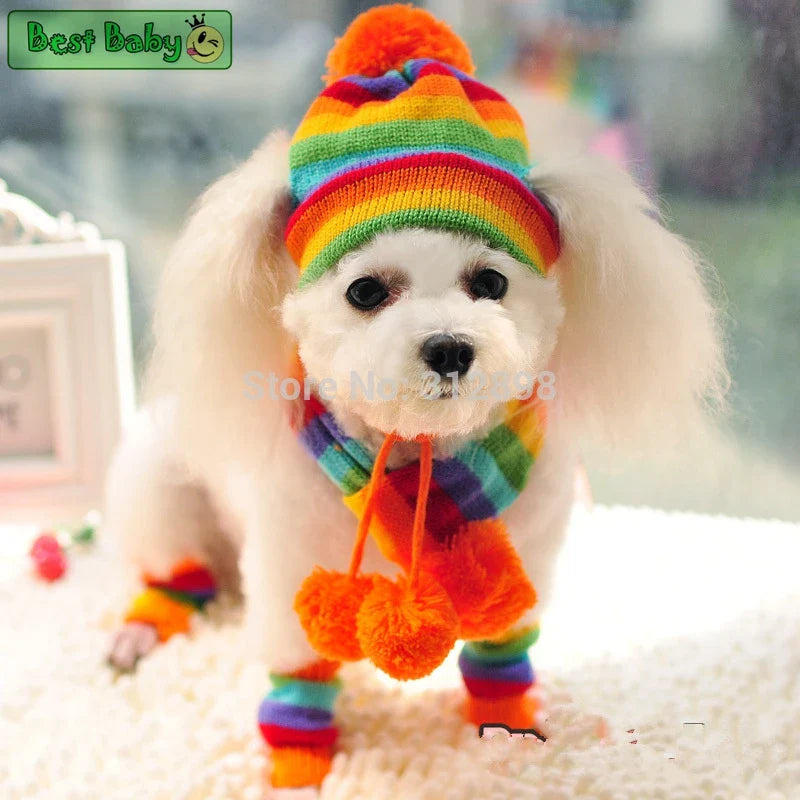 Winter Knitted Pet Accessories Set – Striped Hat, Scarf & Socks for Small Dogs, Puppies & Cats