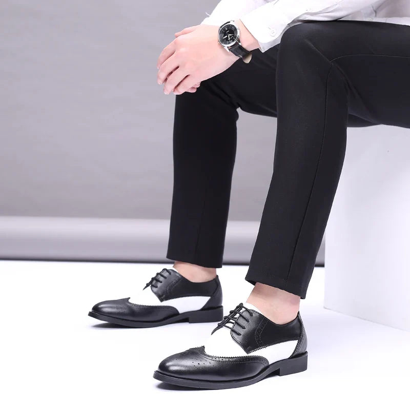 Men's Black & White Leather Oxford Shoes - Elegant British Style Wedding & Formal Party Dress Shoes